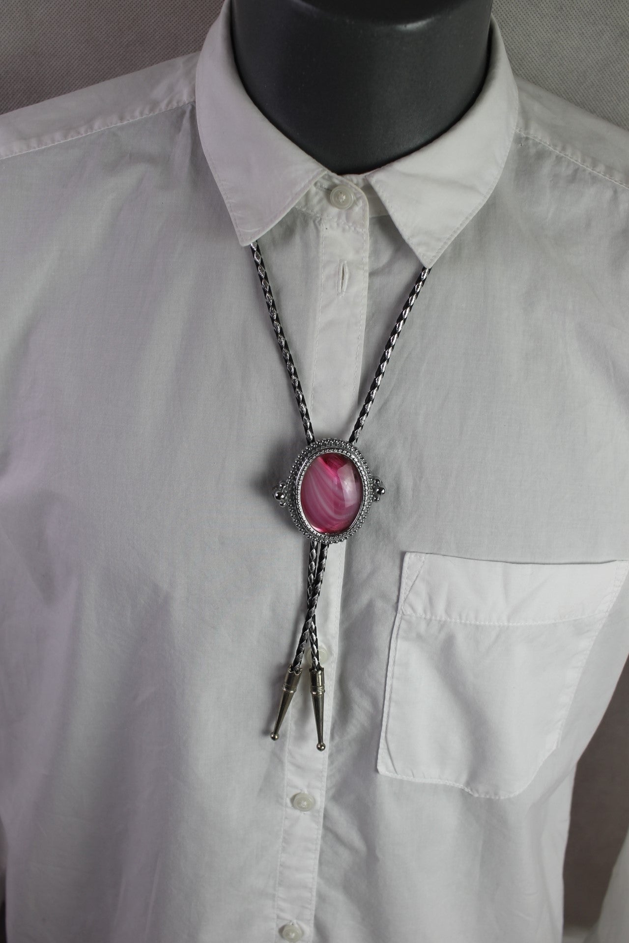 Vintage Giant Pink Oval Cabochon Set in Silver Metal Mount Bolo Western Tie