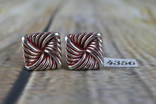 Vintage large square knot silver metal red enamel highlights cuff links