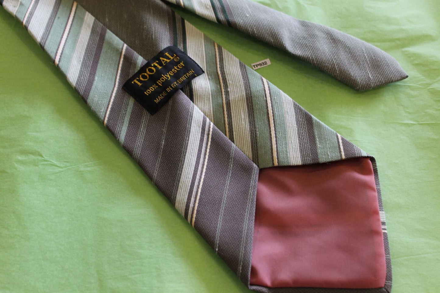 Vintage Tootal mint green grey stripe wide kipper tie 1970's