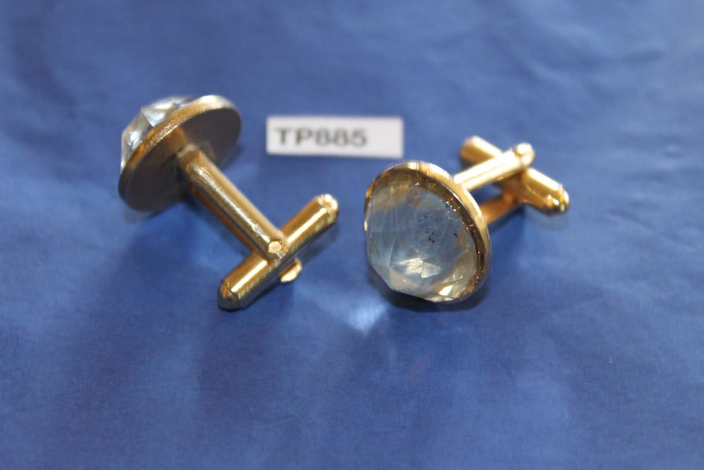 Vintage Cuff Links Large Clear Round Faceted Glass Stones Gold Metal Settings