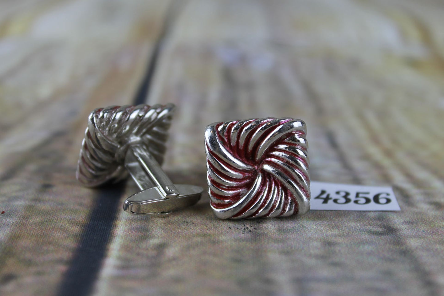 Vintage large square knot silver metal red enamel highlights cuff links