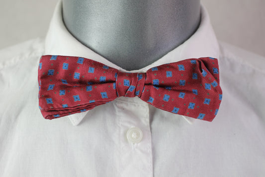 Vintage pre-tied clip on dark red blue squares pattern bow tie