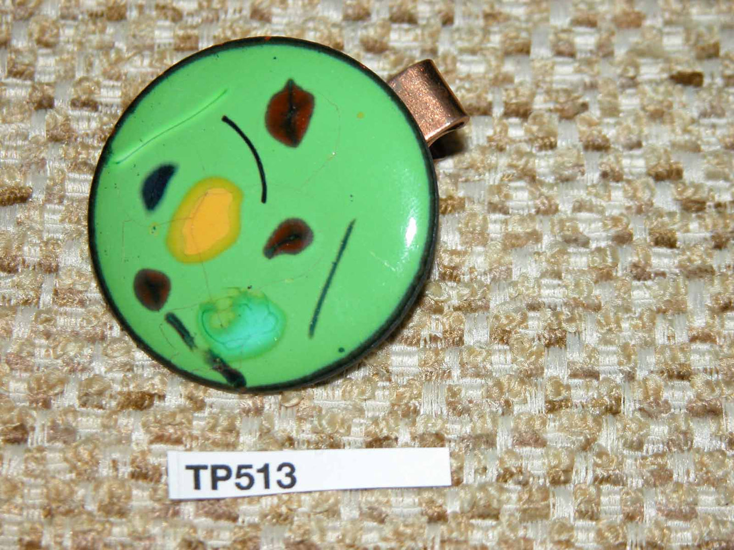 Vintage Gold Metal Large Round Green Hand Enamelled Tie Clip