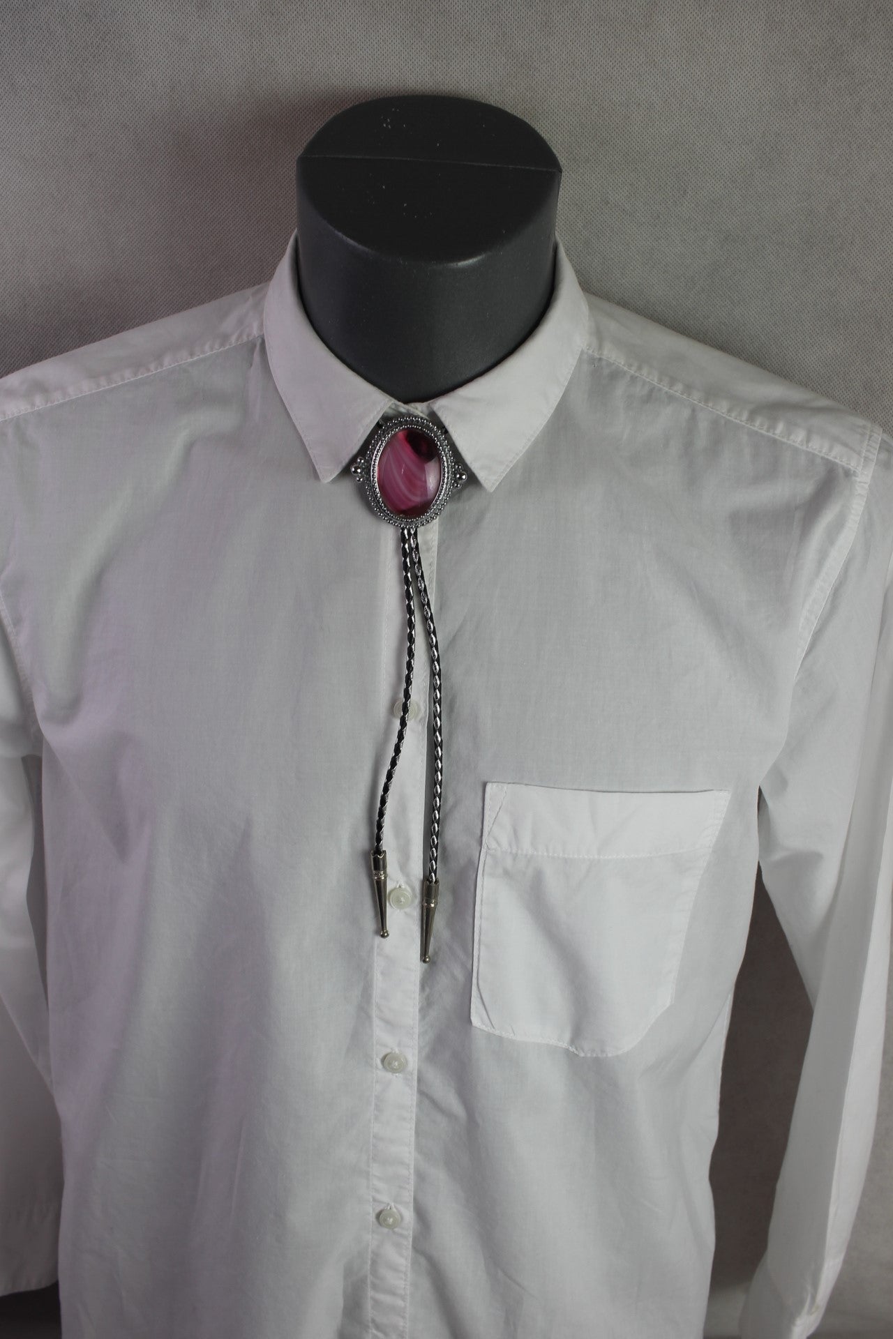 Vintage Giant Pink Oval Cabochon Set in Silver Metal Mount Bolo Western Tie
