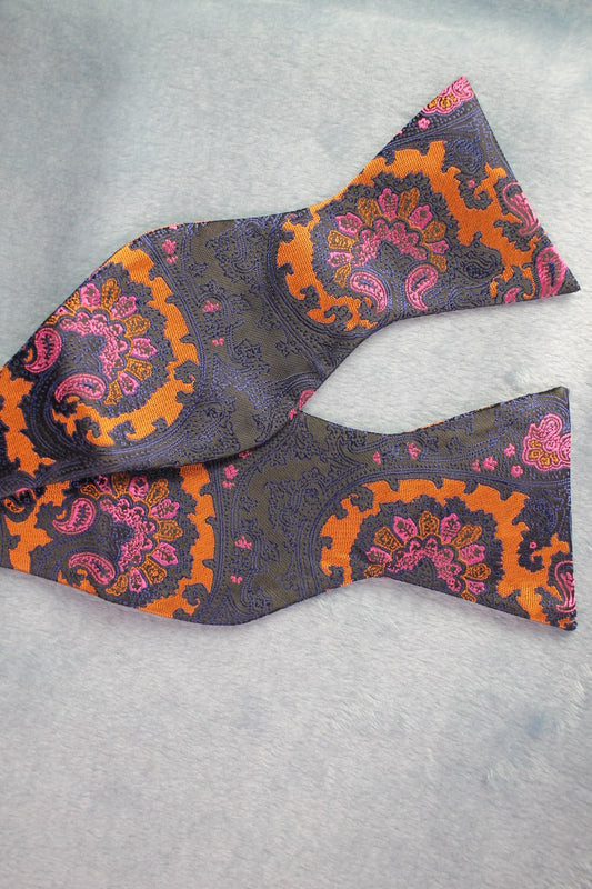 Vintage self tie thistle end black orange purple pattern bow tie adjustable