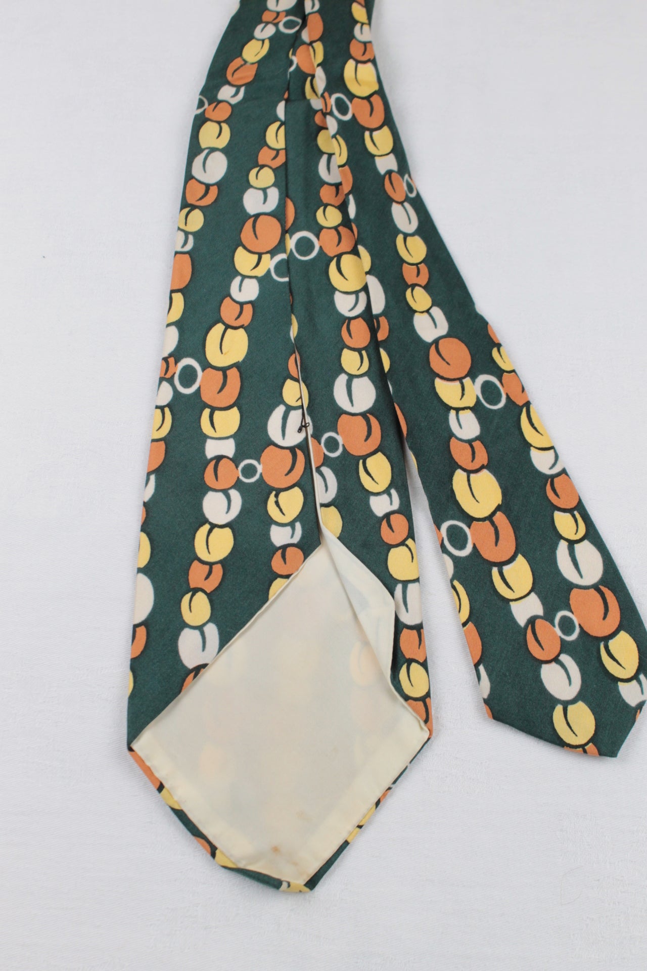 Vintage Law Inc Pure Silk Green Yellow Cream Orange Bead Pattern Swing Tie 1940s/50s