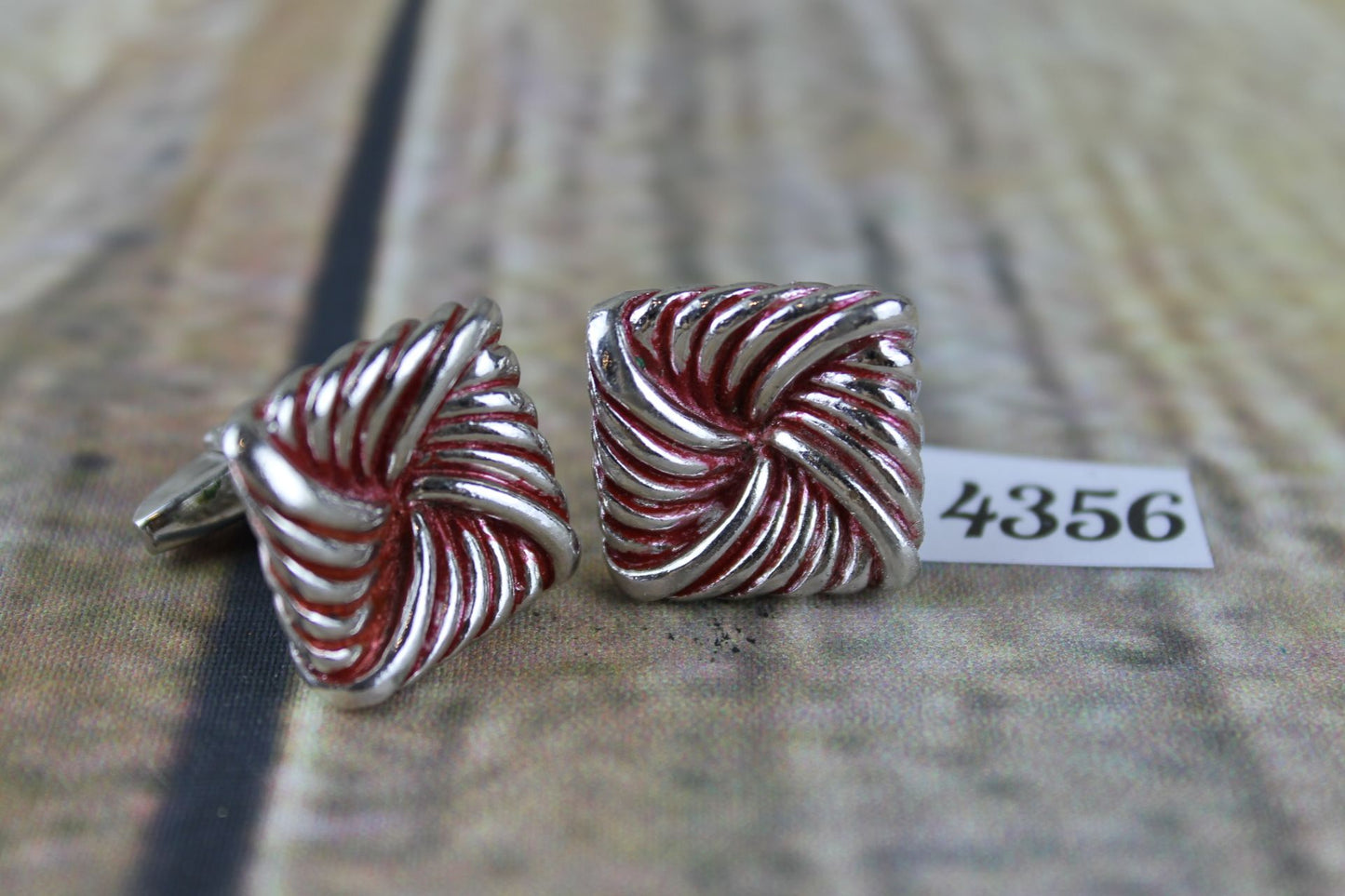 Vintage large square knot silver metal red enamel highlights cuff links