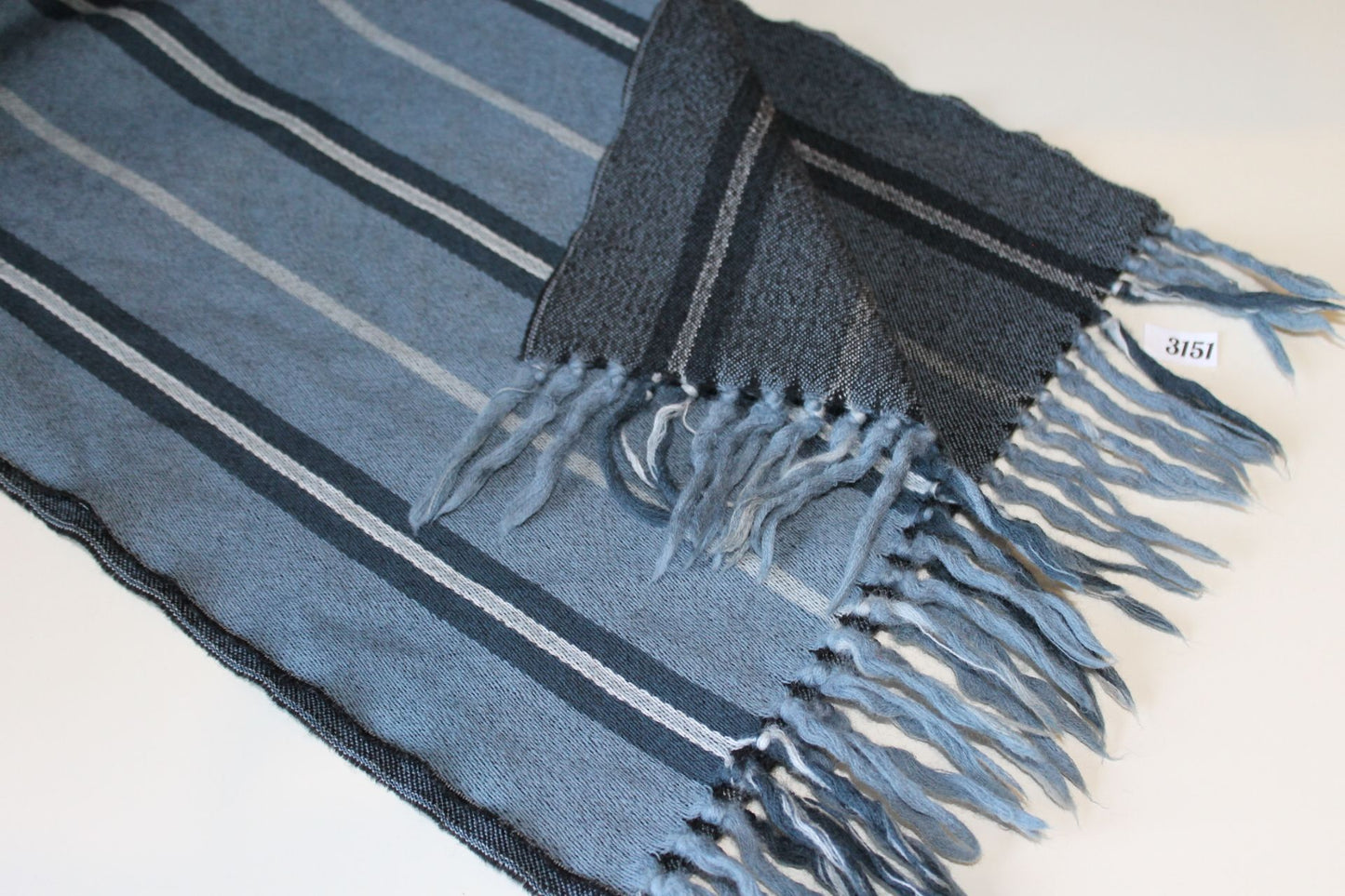 Vintage Airforce Blue Grey Striped Fringed Scarf