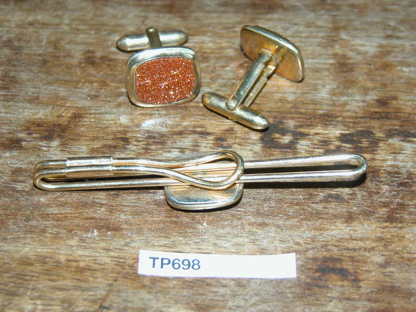 Vintage Cuff Links & Tie Clip Set With Goldstone