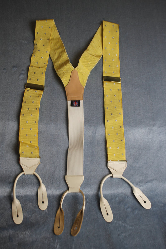 Vintage retro leather thong button on elasticated yellow silver spotted braces adjustable 80s Wall Street