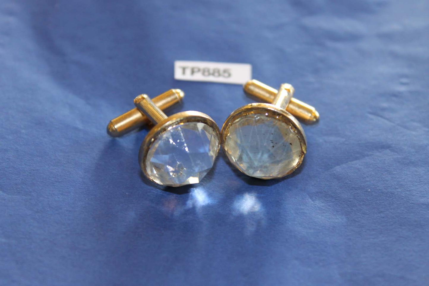 Vintage Cuff Links Large Clear Round Faceted Glass Stones Gold Metal Settings