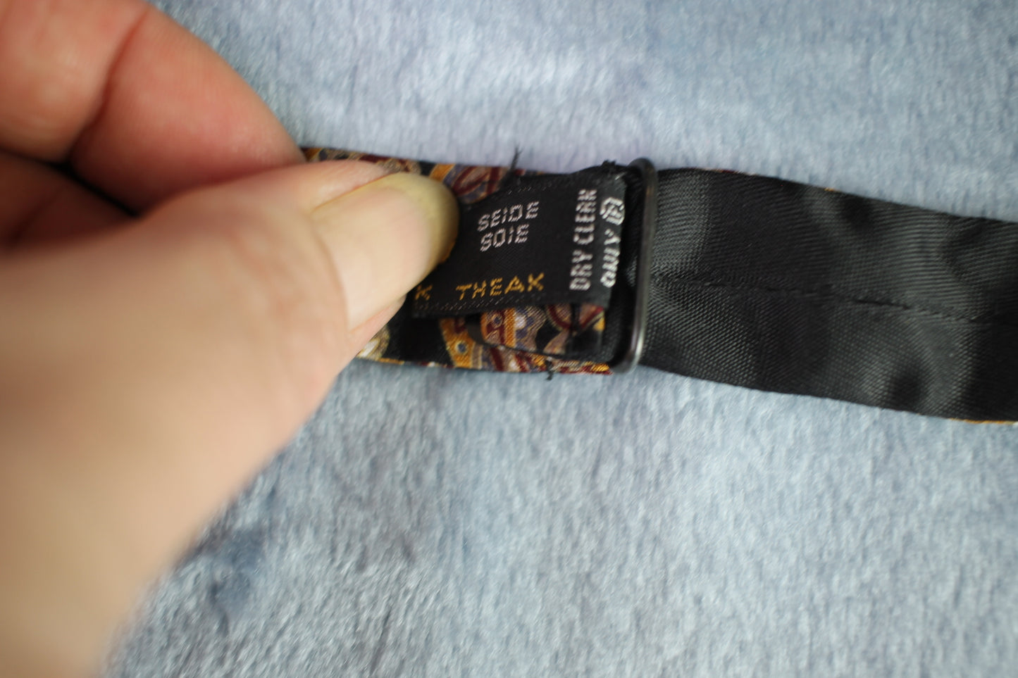 Vintage Frederick Theak silk self tie thistle end black gold paisley bow tie adjustable