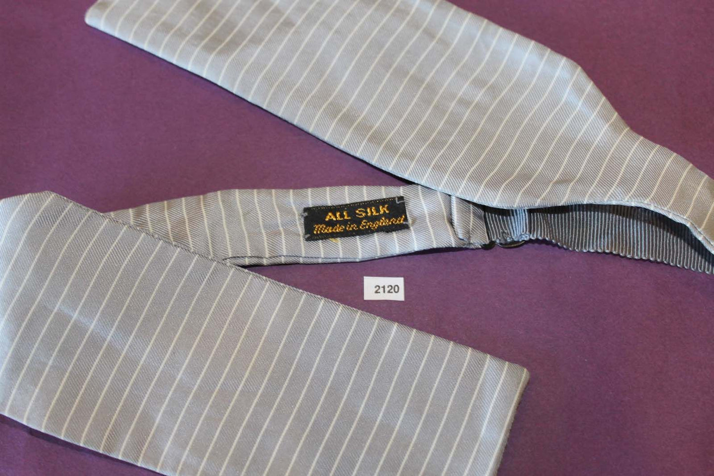 Vintage English 100% Silk Self Tie Straight End Bow Tie Grey Stripe