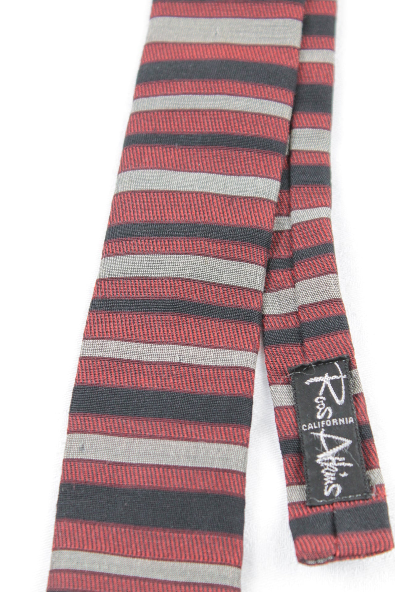 Vintage Ernst Wizam Red Black Grey Striped Square End Skinny Tie 1940s/1950s