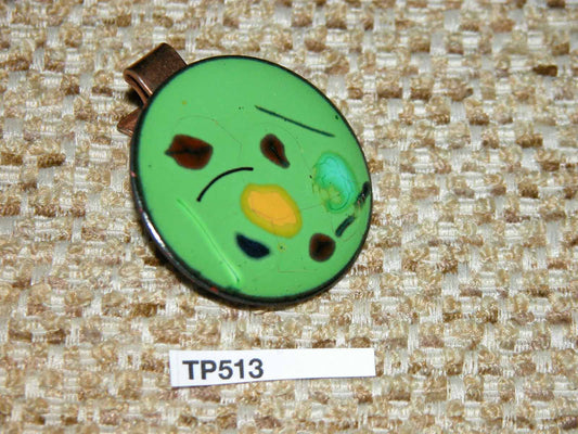 Vintage Gold Metal Large Round Green Hand Enamelled Tie Clip