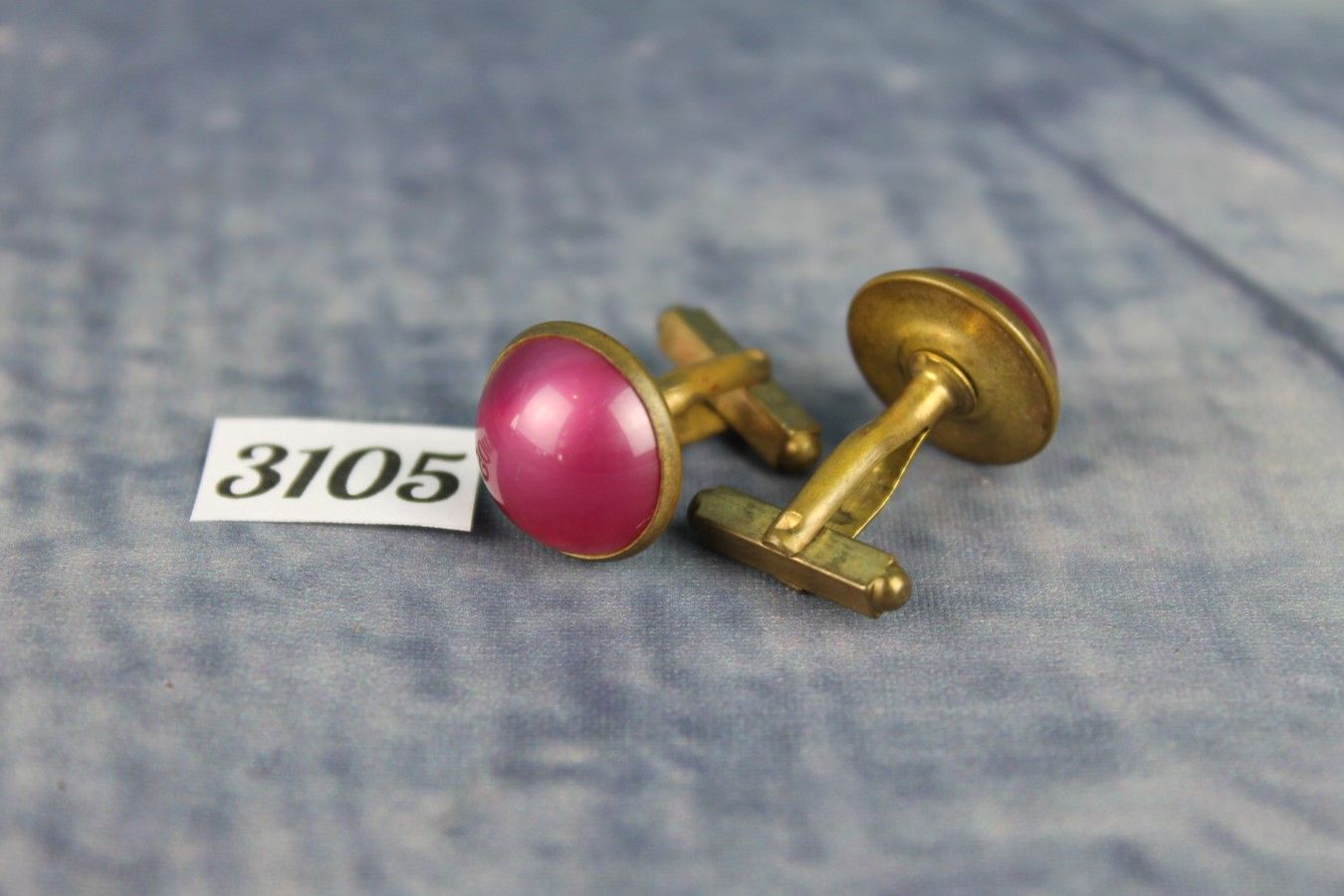 Vintage Gold Metal Pearly Pink Lucite Cabochon Cufflinks