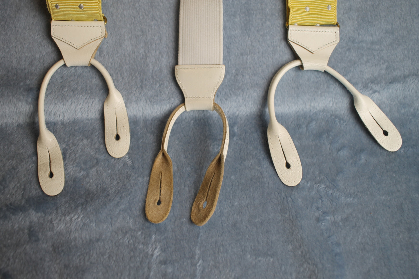 Vintage retro leather thong button on elasticated yellow silver spotted braces adjustable 80s Wall Street