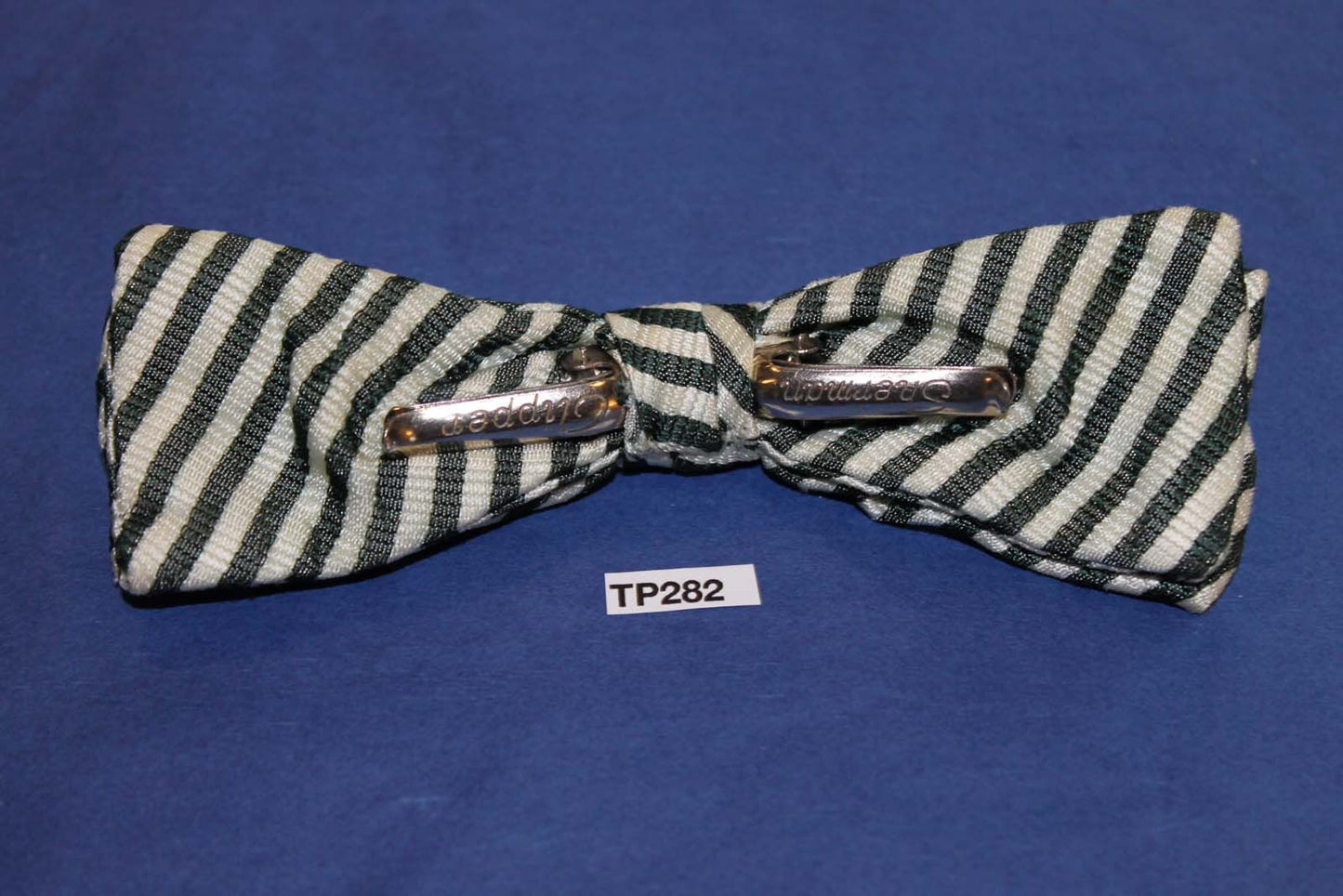 Vintage green striped embroidered motif square end clip on bow tie
