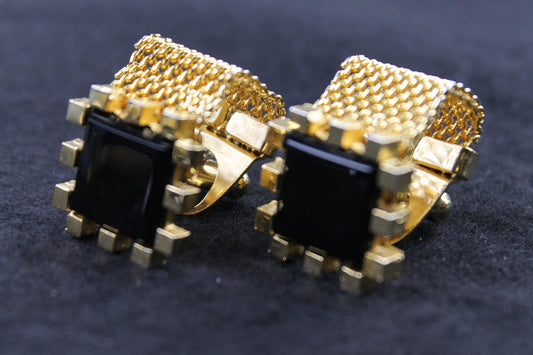 Vintage Square Black Stone Castellated Wrap Around Cufflinks