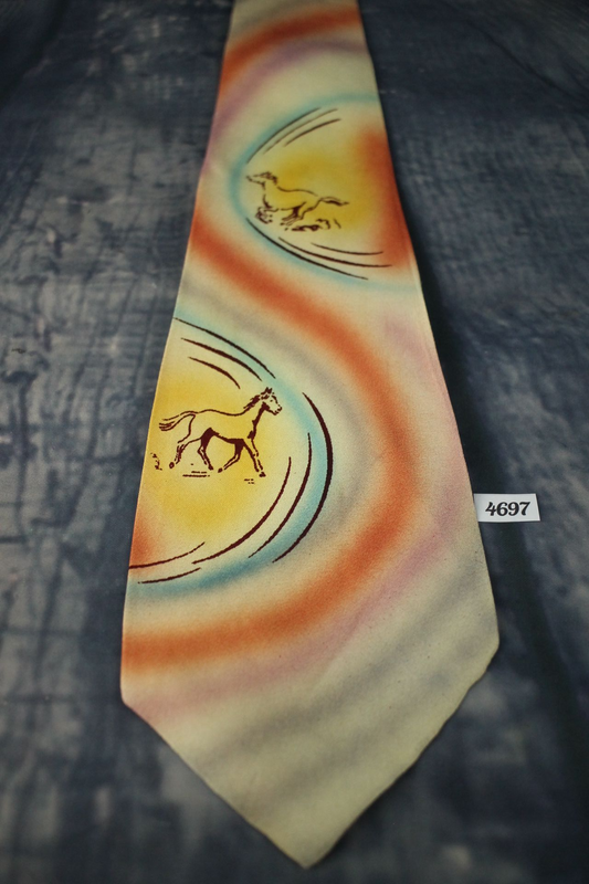 Vintage 1940s/1950s Louvre Cravat Multi coloured Hand Painted Horses Tie Lindy hop Swing Zoot Suit Rat Pack