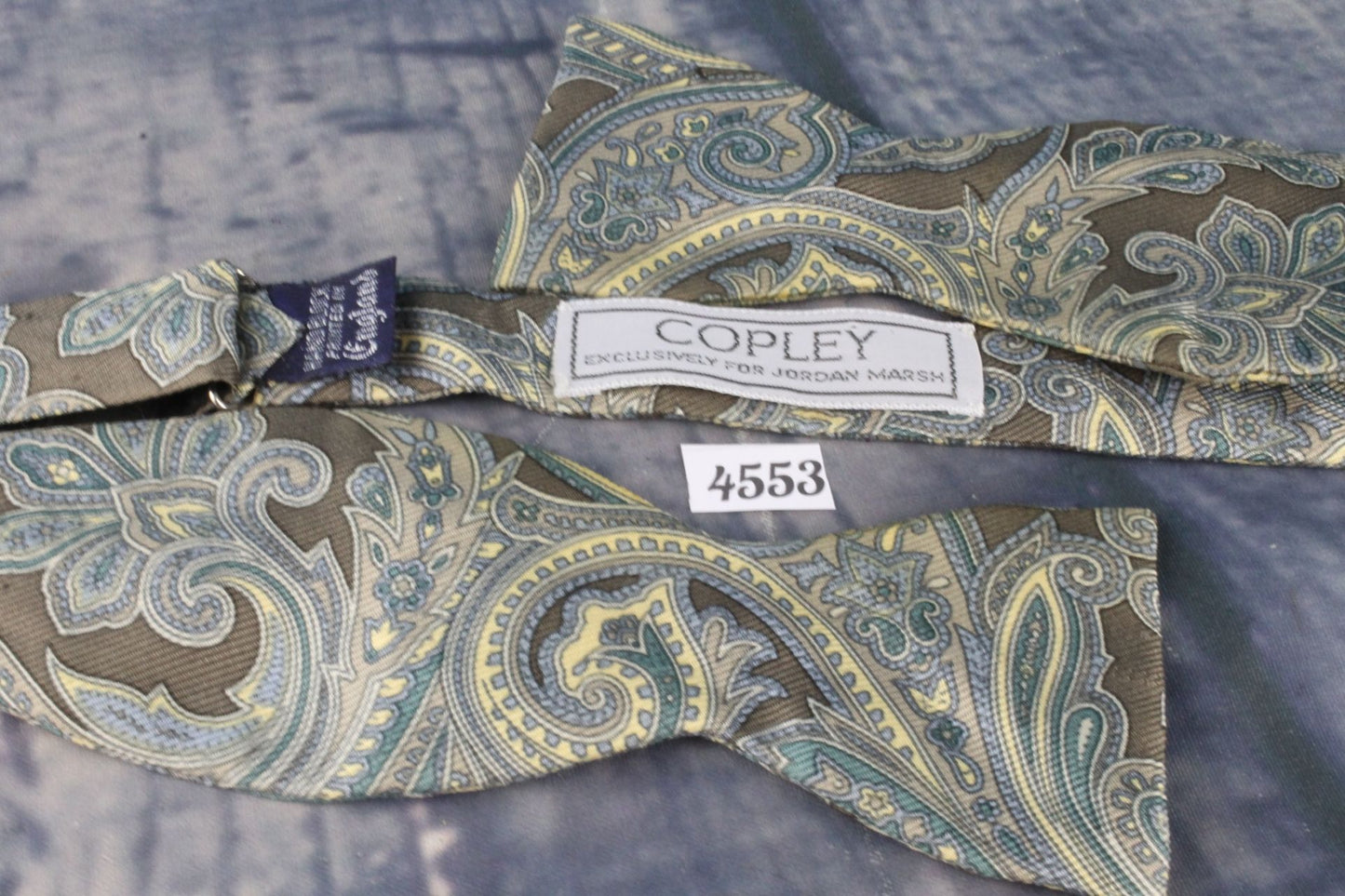 Superb Vintage Hand Block England Copley Blue Taupe paisley Self Tie Square End Thistle Bow Tie