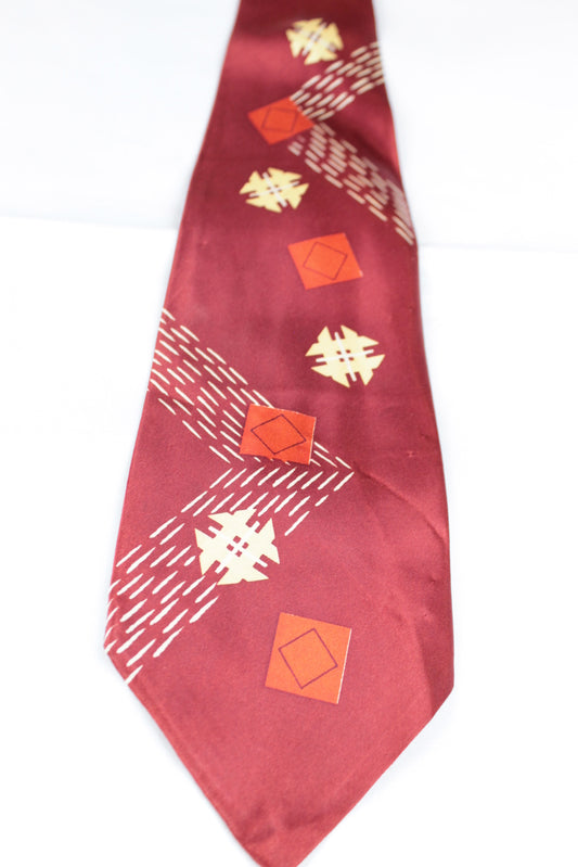 Vintage 1960s Crimson Red Cream Pattern Satin Swing Tie