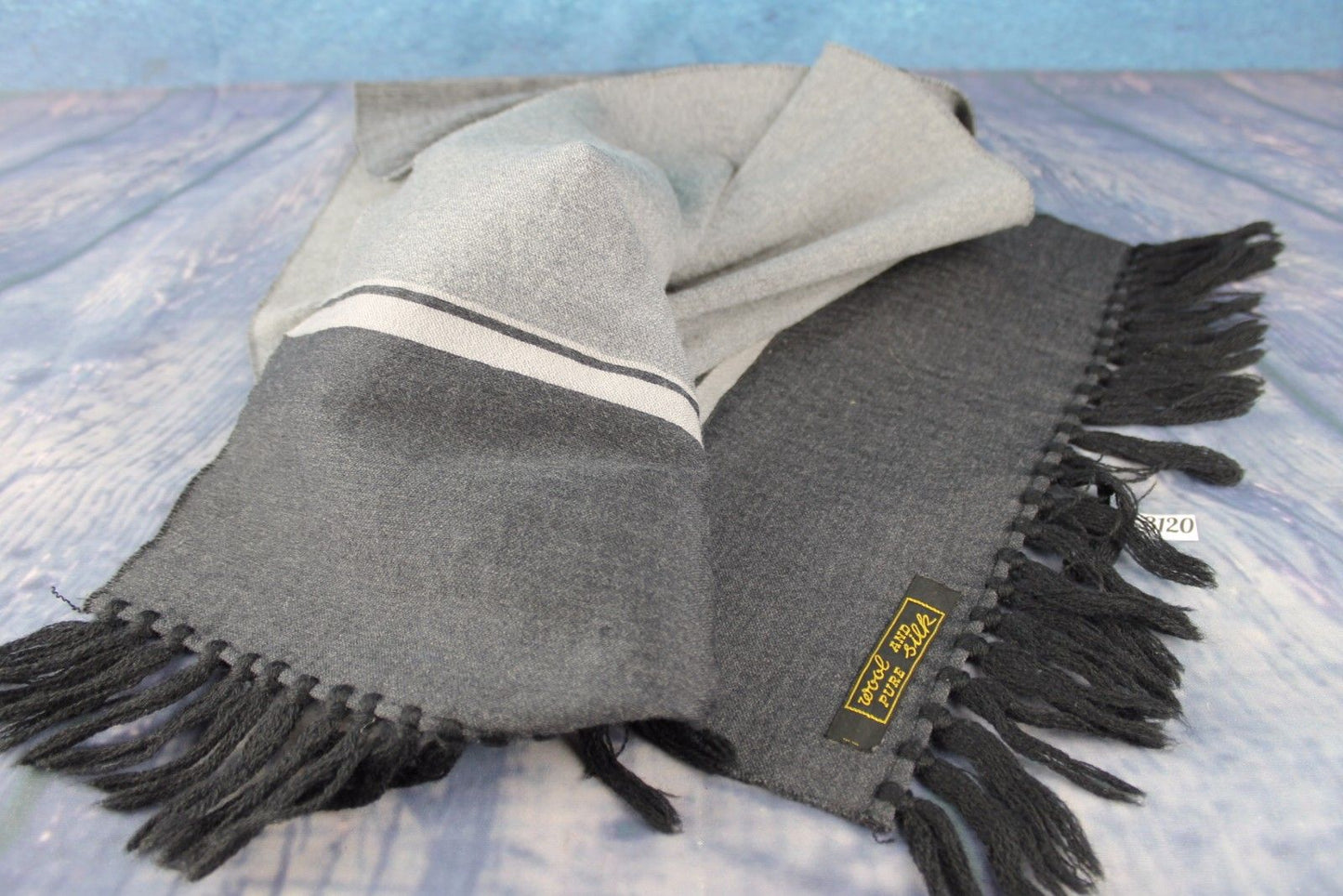 Vintage Wool & Silk Charcoal Silver Striped Scarf