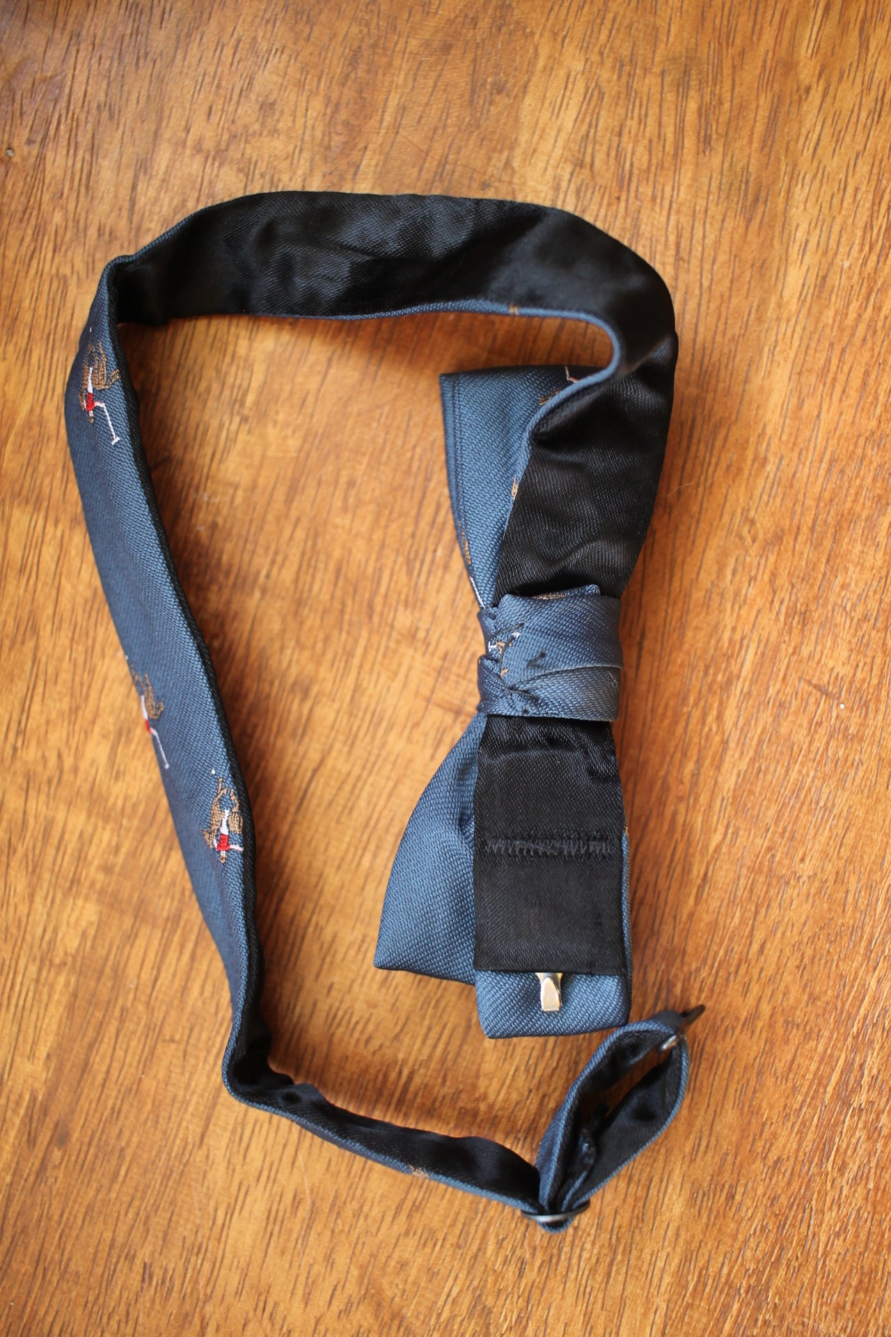 Vintage pre-tied blue teal horse polo motifs bow tie adjustable