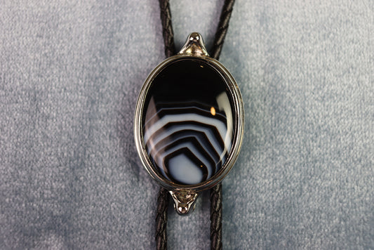 Vintage Silver Mounted Onyx Cabochon Bolo Western Tie