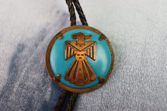 Vintage Circular Blue Tribal Bird Bolo Western Tie