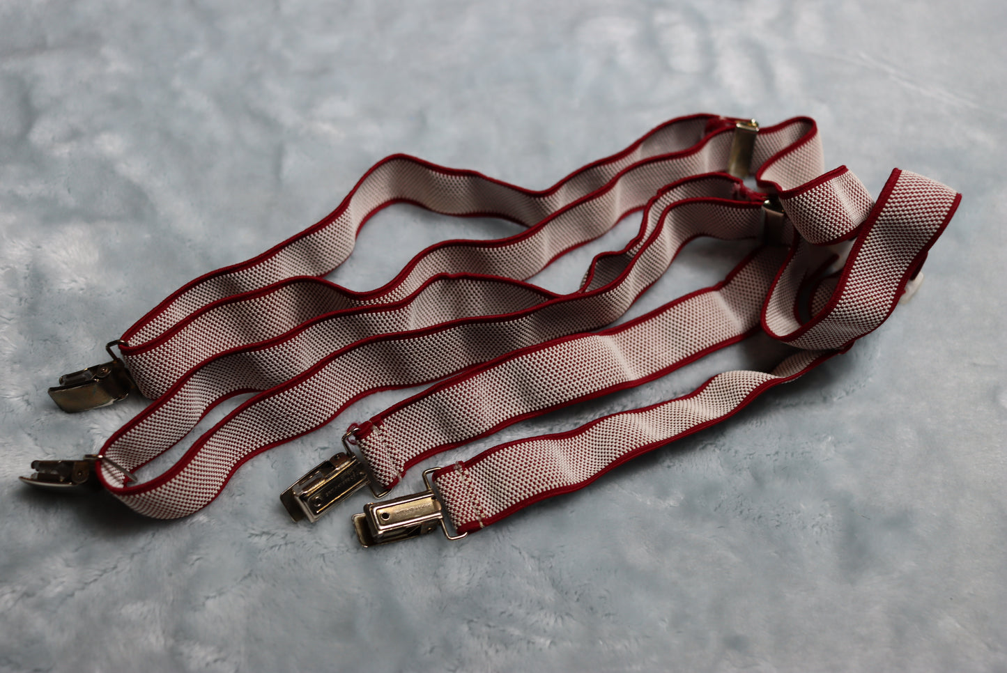 Vintage 1970s dark red white elasticated braces silver metal clips adjustable