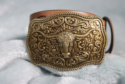 Brass Metal Steer Western Cowboy Buckle Two Tone Brown Belt