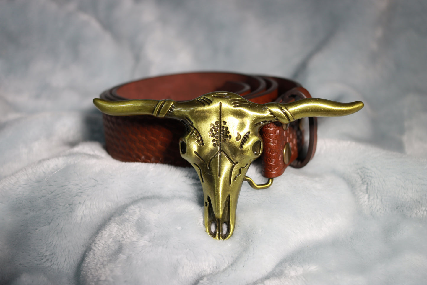 Large Gold Steer Skull Buckle Western Cowboy Belt
