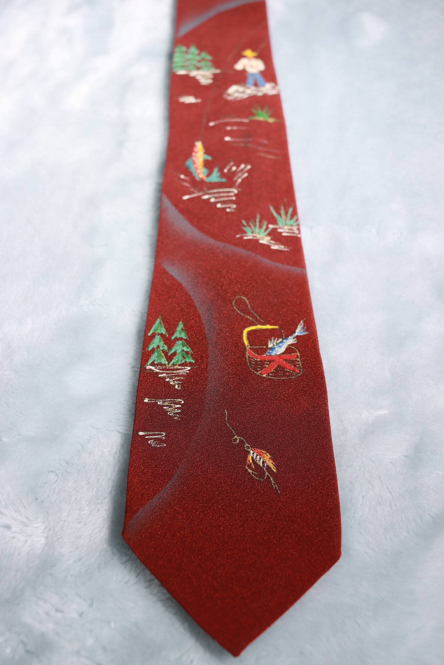 Vintage Hand Painted in California Fishing Scene Tie