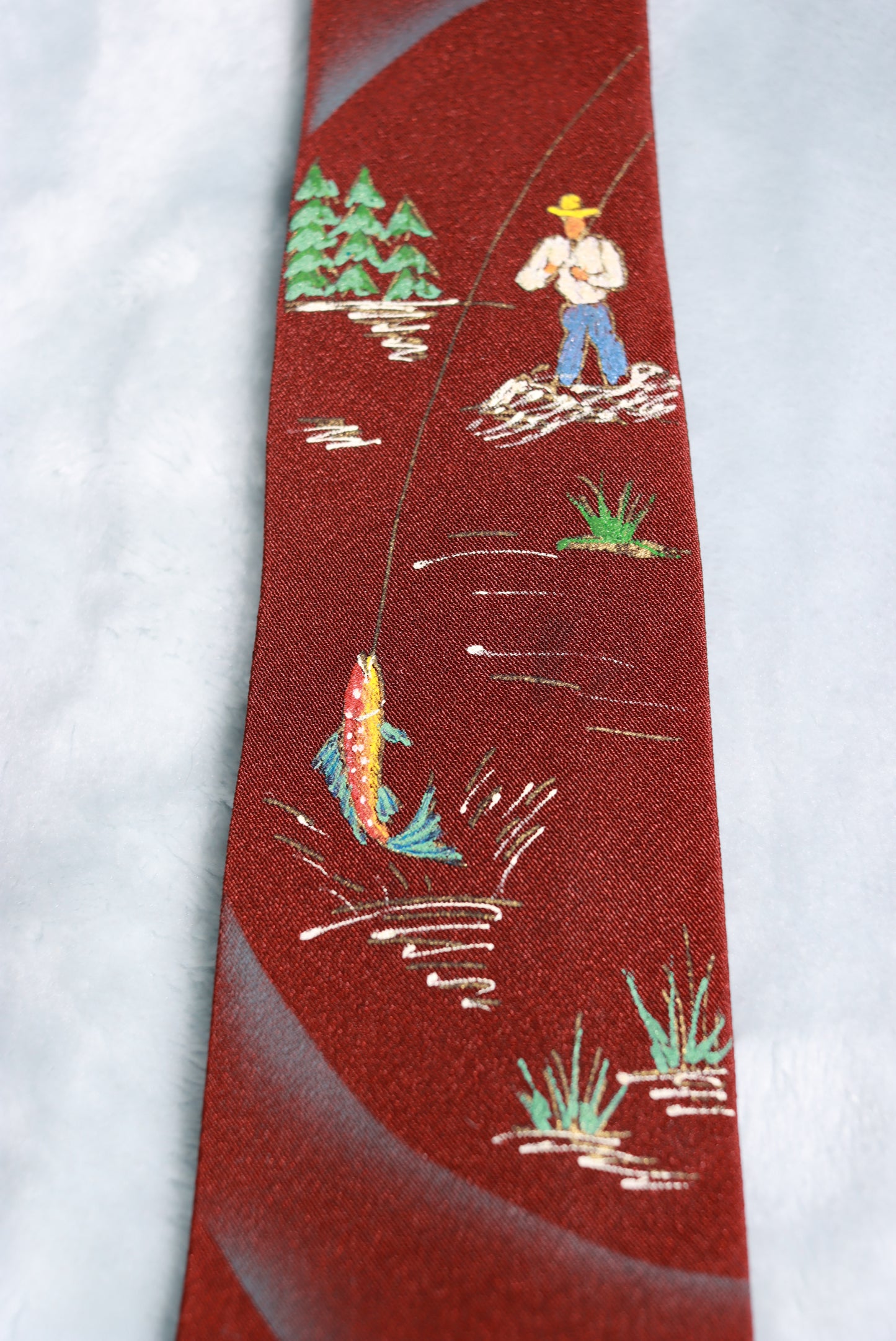 Vintage Hand Painted in California Fishing Scene Tie