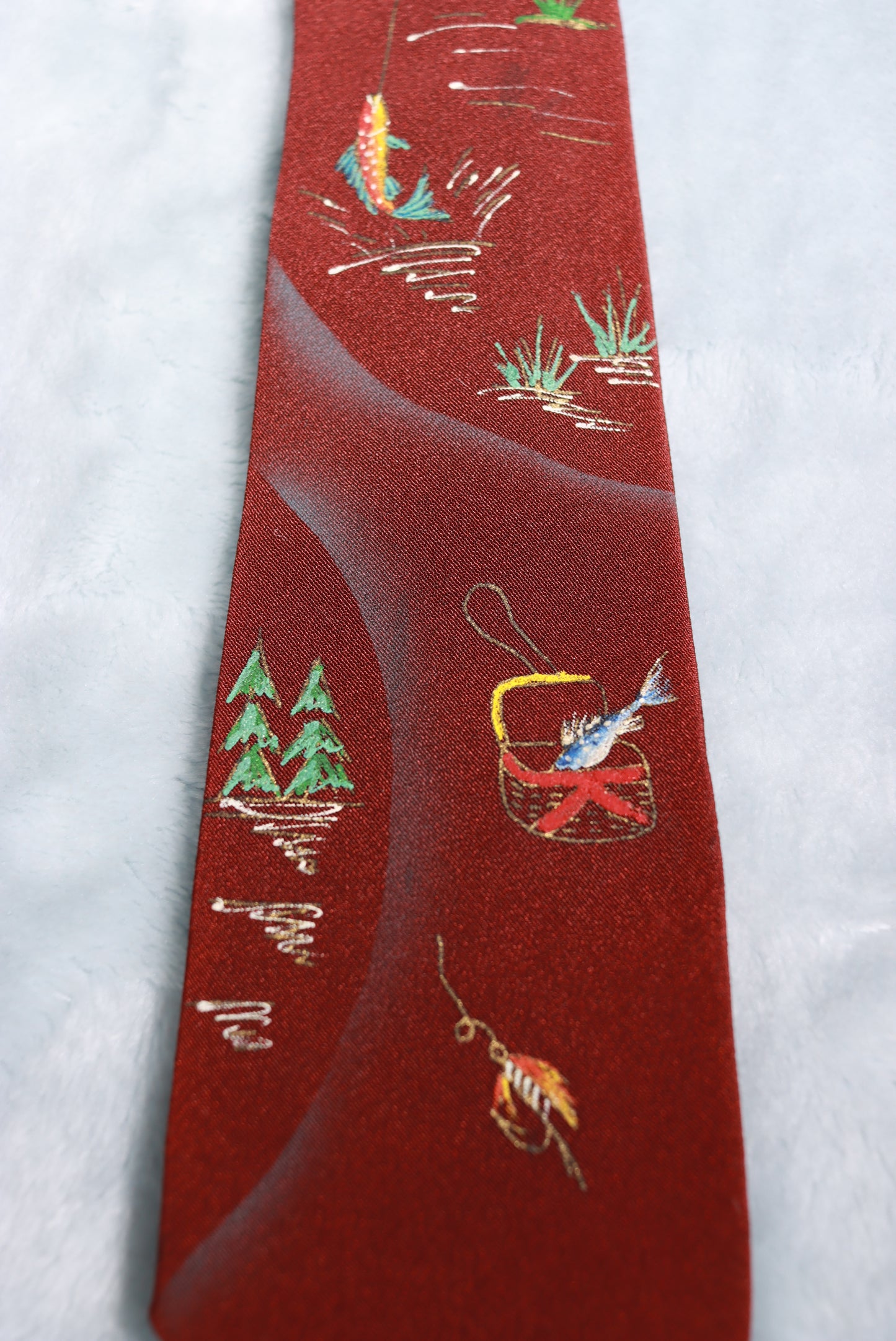 Vintage Hand Painted in California Fishing Scene Tie