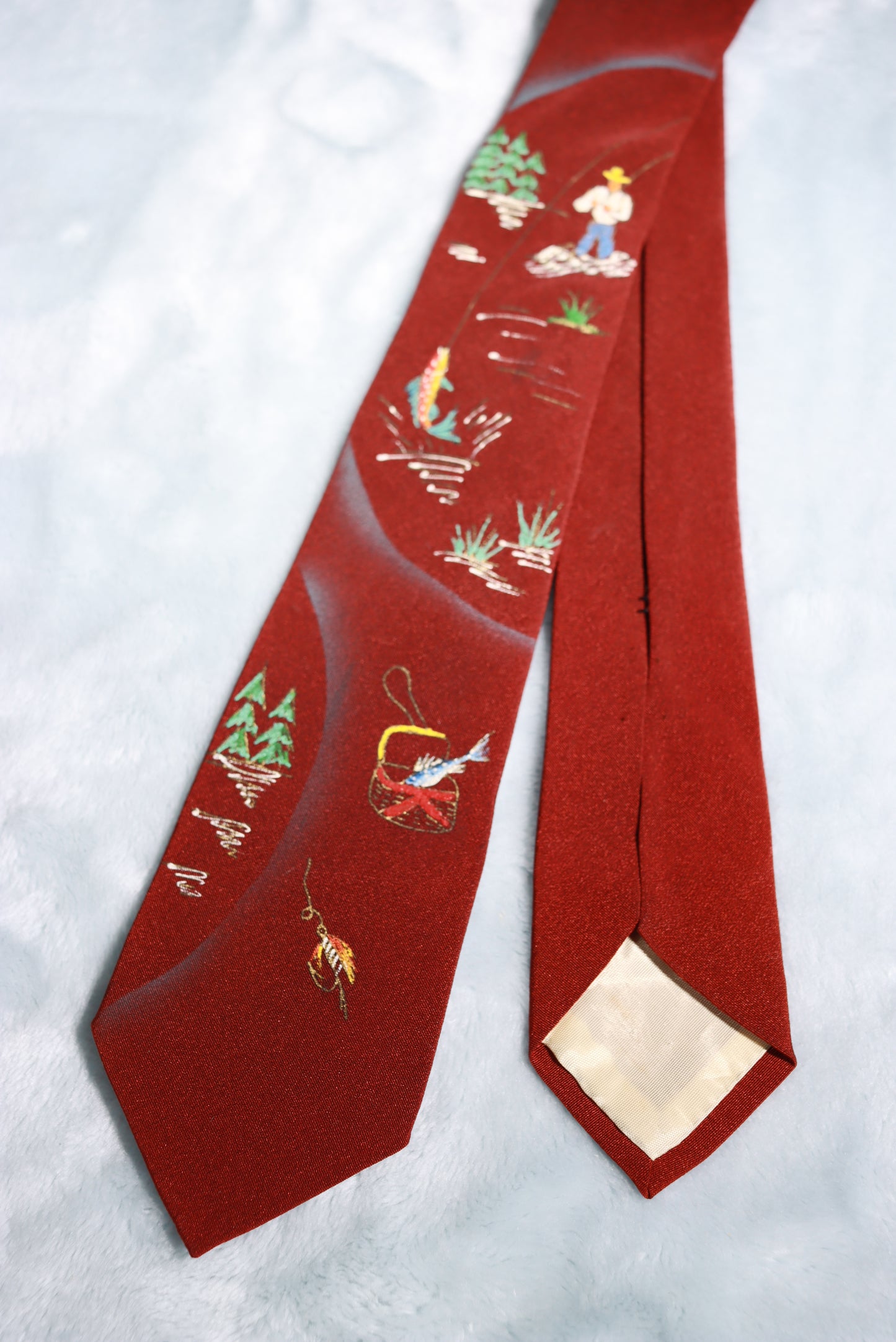 Vintage Hand Painted in California Fishing Scene Tie