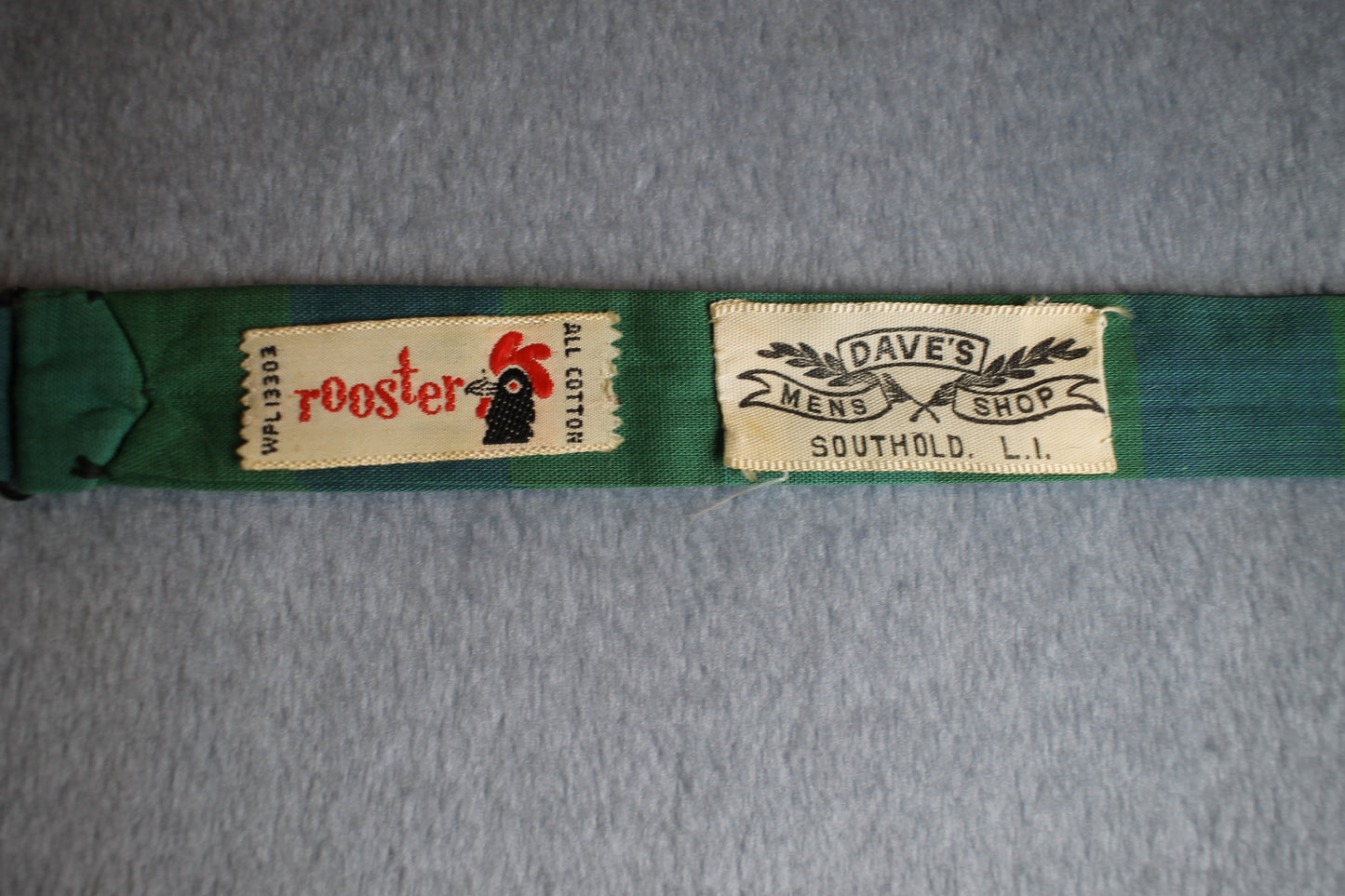 Vintage Rooster self tie paddle end green blue check bow tie adjustable