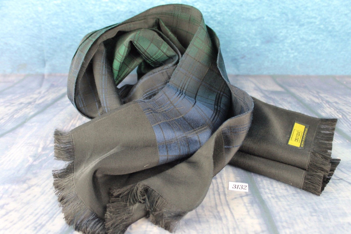 Vintage Trevira 35% Wool Black Blue Green Sheen Squares Pattern Scarf