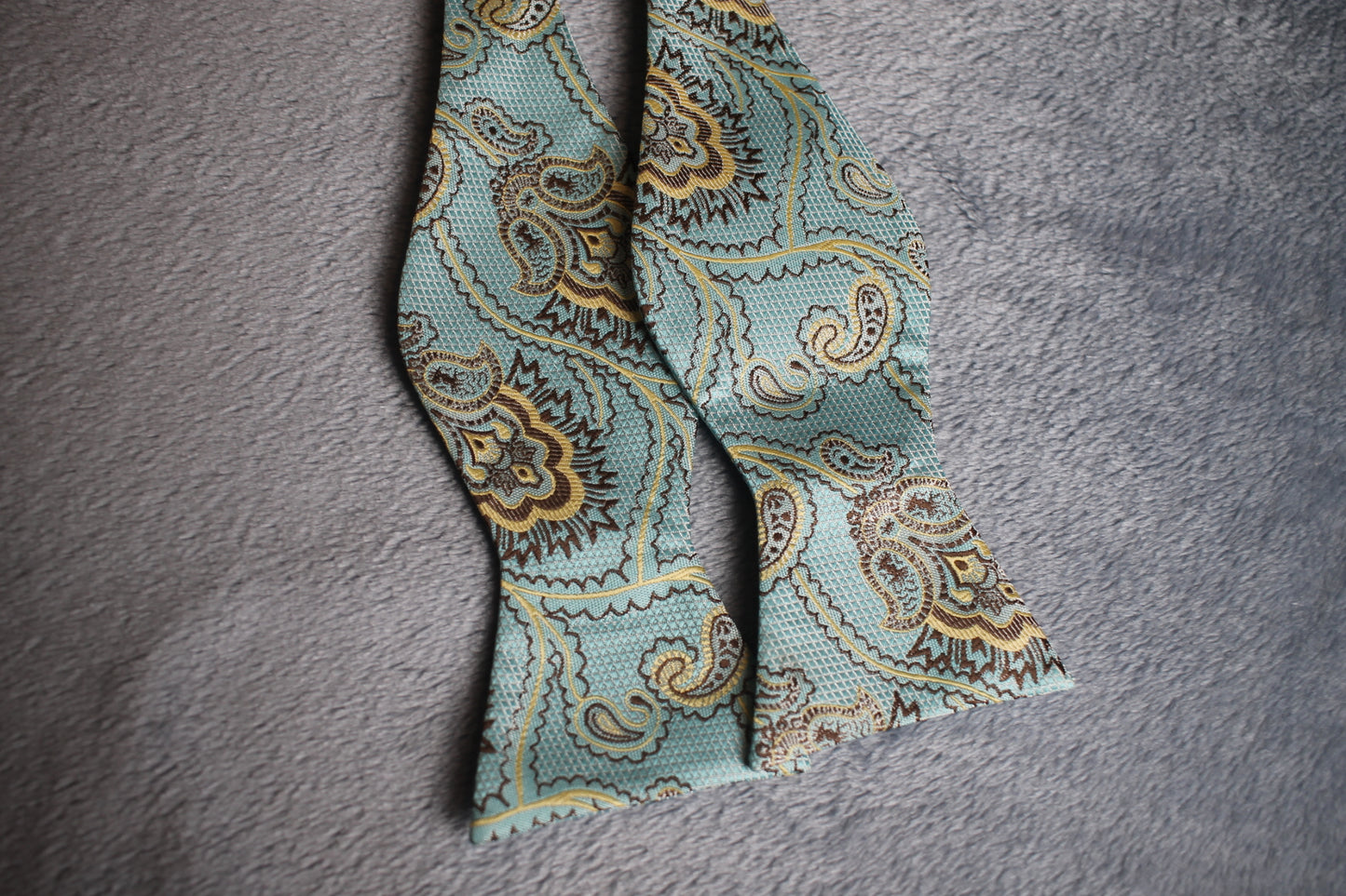 Vintage self tie thistle end light blue gold brown swirls pattern bow tie adjustable