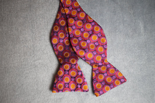 Vintage Garrot & Gibbs self tie thistle end pure silk pink orange purple circles pattern bow tie adjustable