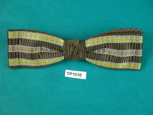 Vintage mustard grey brown striped square end jacquard clip on bow tie