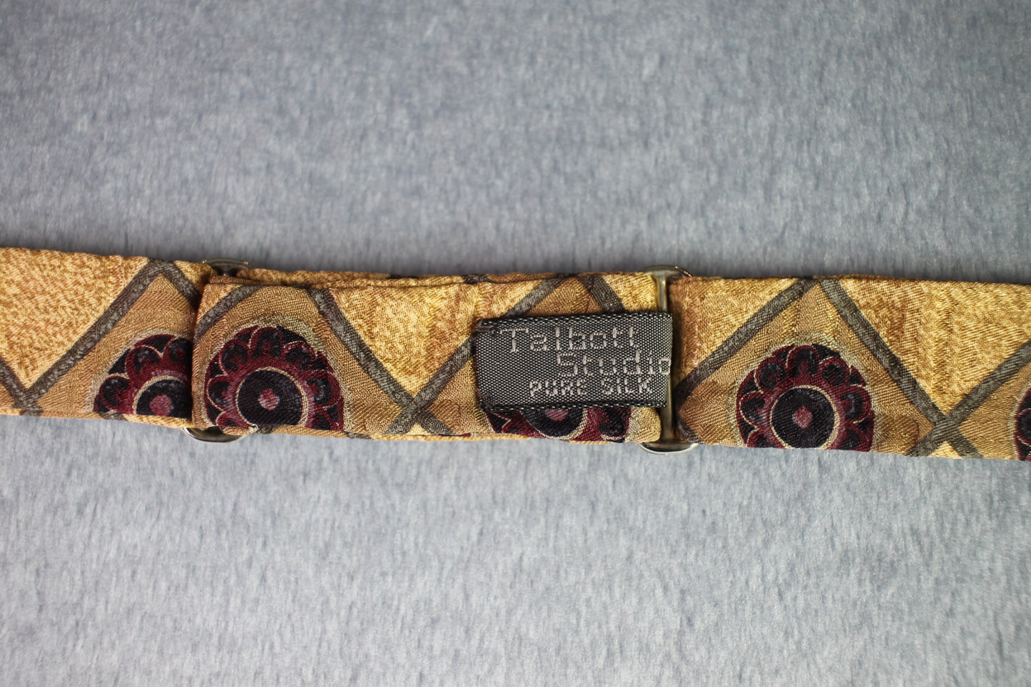 Vintage Talbott Studio pure silk self tie thistle end gold red green pattern bow tie adjustable