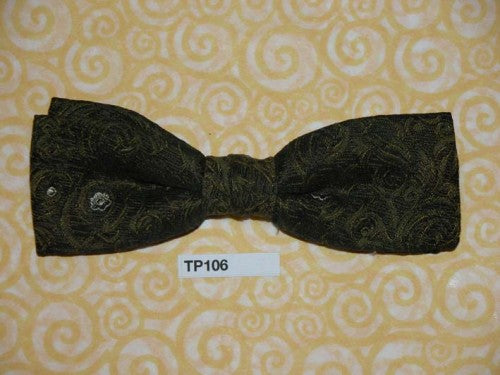 Vintage dark olive random white flower woven pattern clip on bow tie