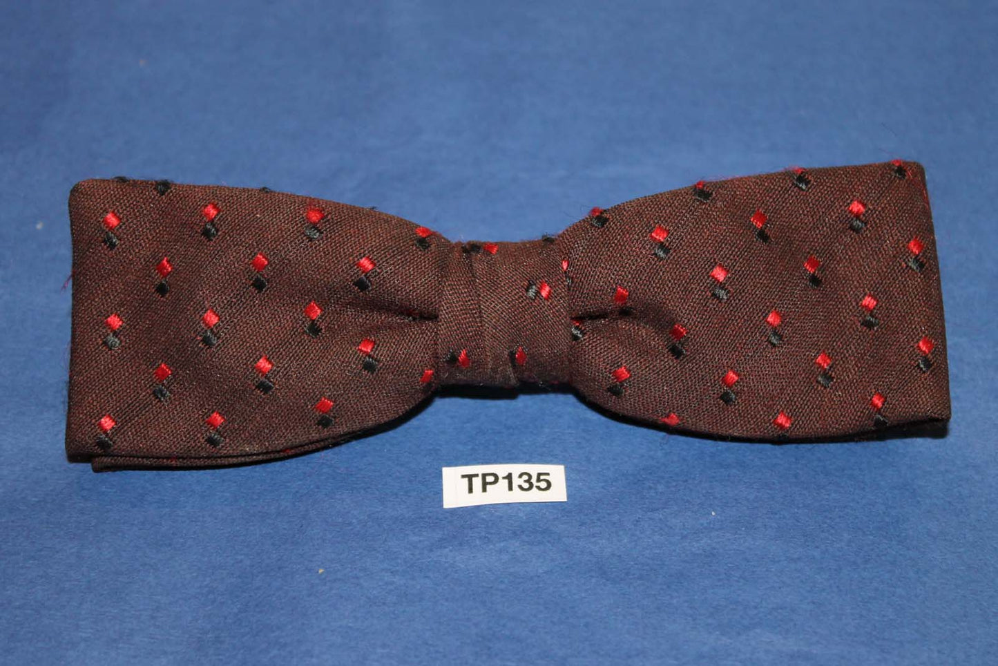 Vintage brown red black repeat pattern square end clip on bow tie