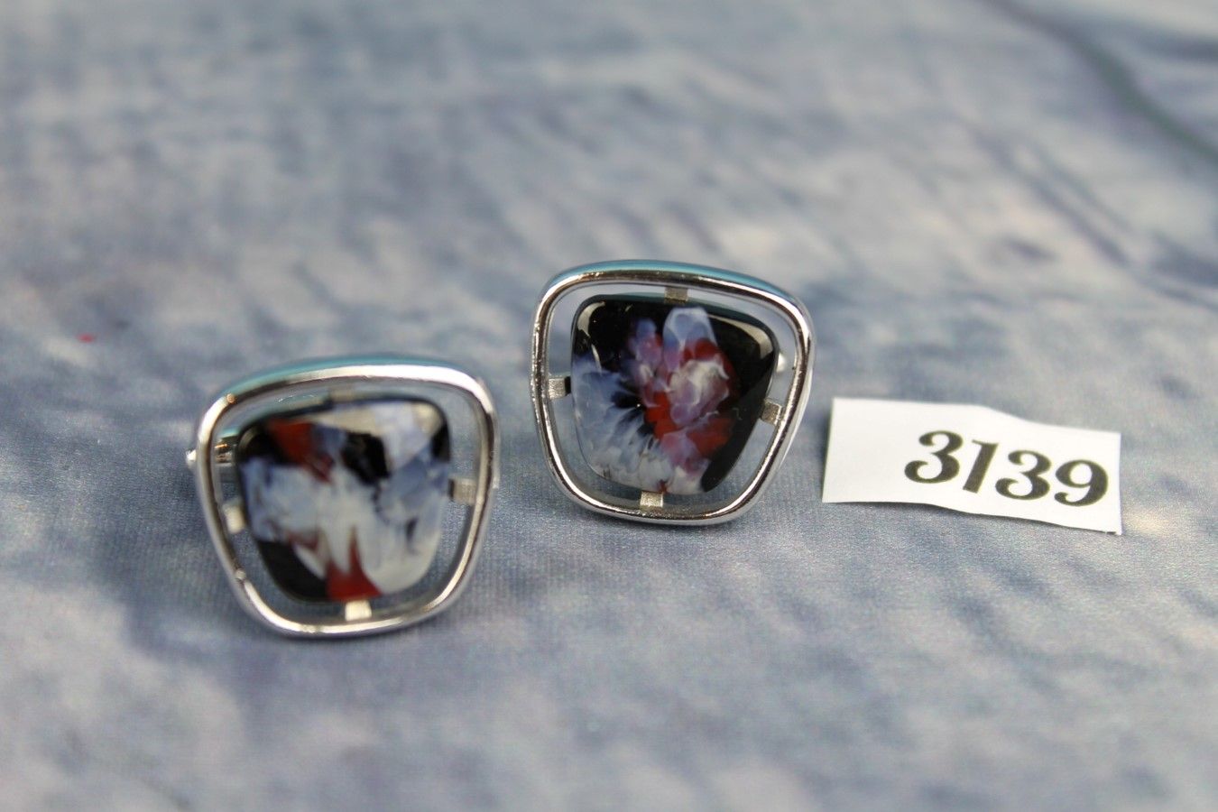 Vintage HICKOK Silver Metal Cufflinks Colourful Red Blue Black Stone