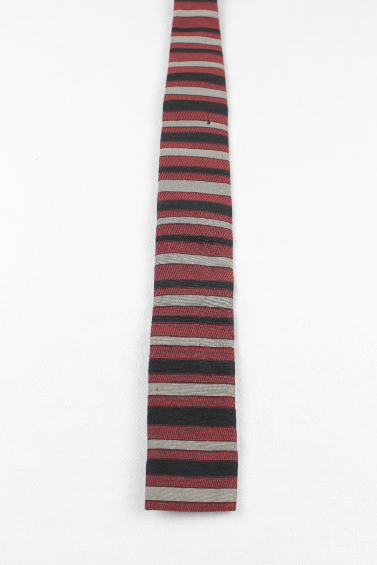 Vintage Ernst Wizam Red Black Grey Striped Square End Skinny Tie 1940s/1950s