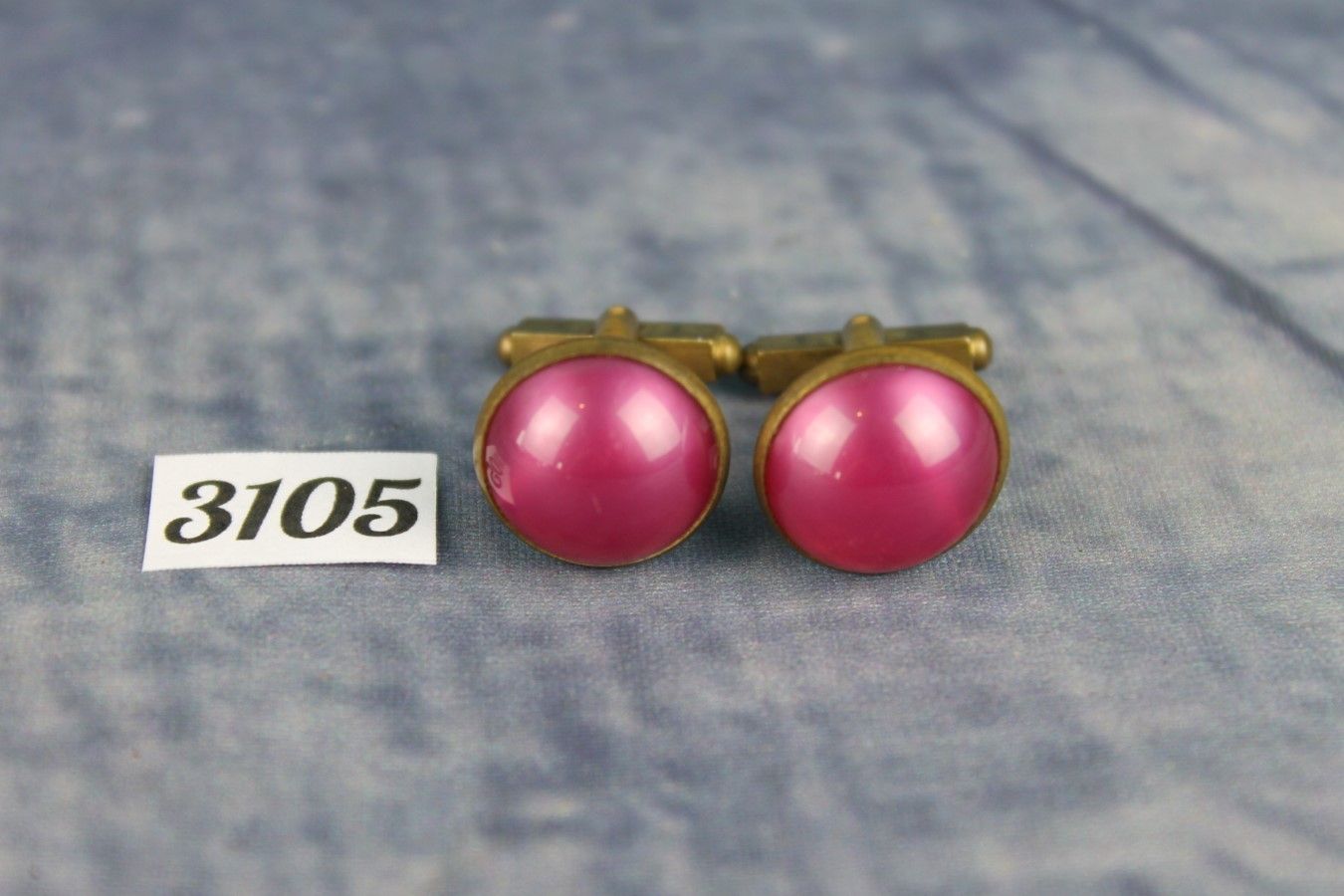 Vintage Gold Metal Pearly Pink Lucite Cabochon Cufflinks