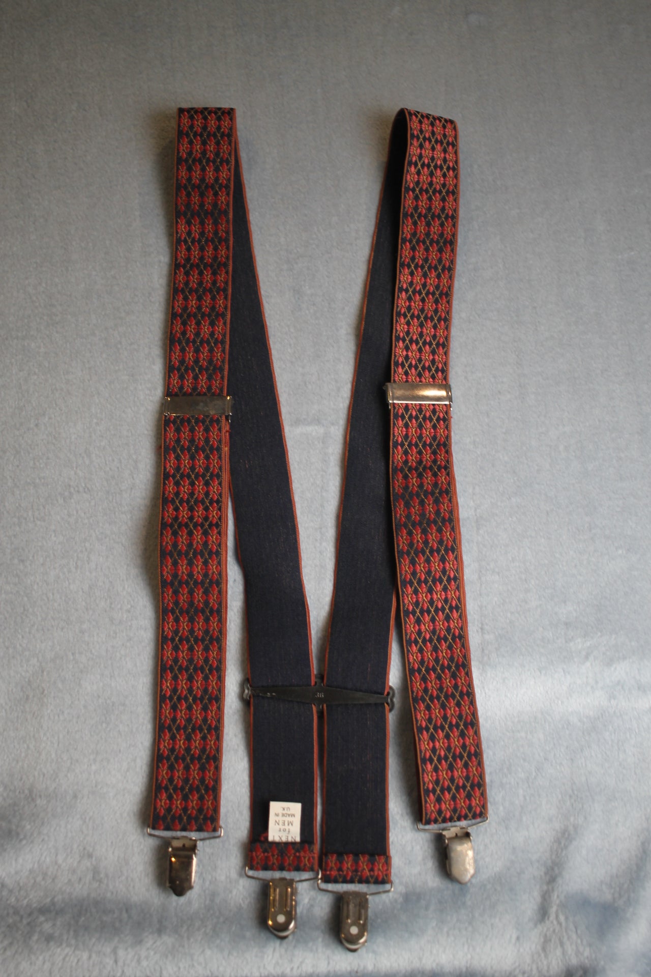 Vintage Next retro wide clip on elasticated red black patterned braces 80s Wall Street