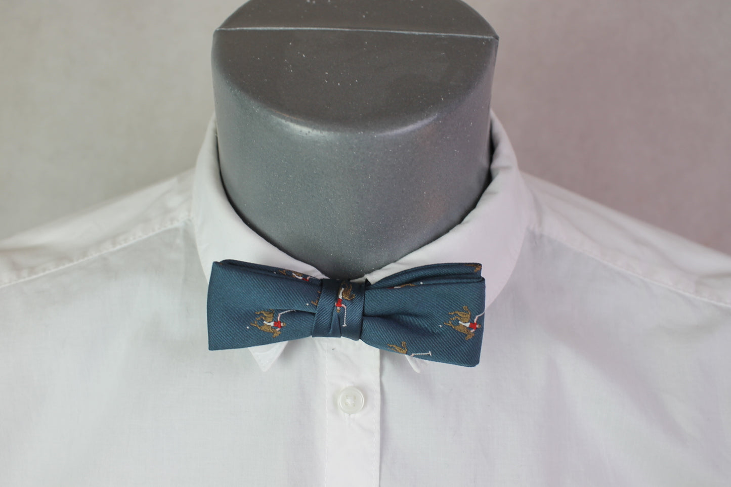 Vintage pre-tied blue teal horse polo motifs bow tie adjustable